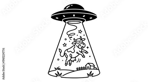 Minimalist UFO Abduction with Cartoon Cow Line Art, Monochrome Vector Illustration of Sci-Fi Comedy