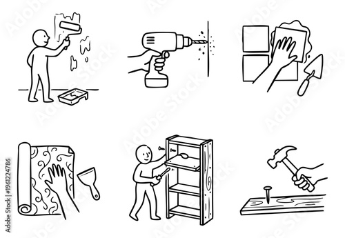 Collection of outline illustrations depicting various home improvement activities, including painting, drilling, tiling, wallpapering, furniture assembly, and carpentry