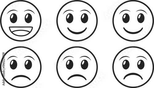 Black and white emoticon faces set with various expressions smiley emotions