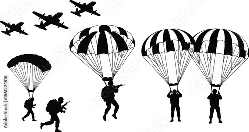 Black silhouettes of parachuters and planes in flight parachutes aircraft