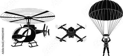 Black silhouettes of helicopter drone and parachutist on white parachute