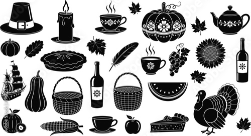 Set of black Thanksgiving icons featuring turkey pumpkin pilgrim hat corn candle wine baskets and fall leaves in flat silhouette on a white background
