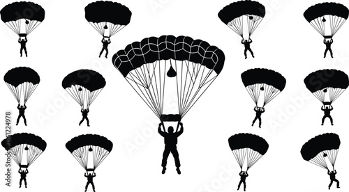 Black silhouettes of parachuters with open parachutes white