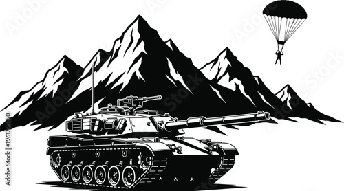 Black tank with long barrel in front of snowy mountain range and parachuter military tank black and white
