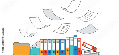 Office File Organization Concept Vector Illustration with Flying Documents, Folder Storage, Ring Binders and Paperwork Management System Design
