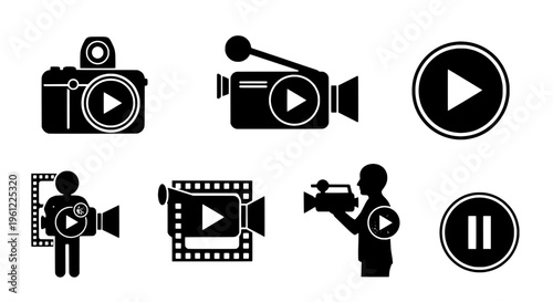 Camera icons set with play buttons and video recording elements on white background featuring pause button, film strip, photography with media and