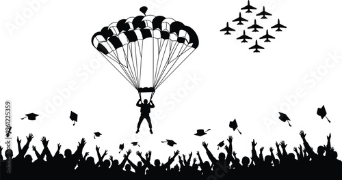 Parachuter descending above cheering crowd with graduation caps flying people
