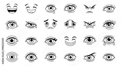 Eyes emoticon set with various expressions and emotions, black line art style, icons featuring faces, illustrations, cartoon with feelings and moods