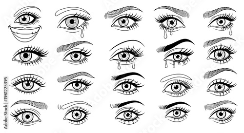 Eyes hand drawn set with various expressions and emotions featuring eye, illustration, emotive with tears and smiling elements for crying, sad