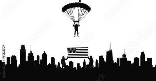 Parachuter descends over city skyline with american flag silhouettes