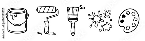 Painting tools doodle drawing set of icons