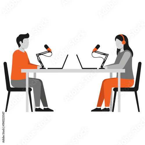 Two people podcasting with microphones and laptops at desk facing each other