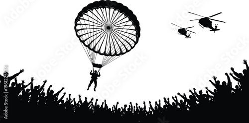 Parachuter descends towards crowd with helicopters flying overhead silhouettes