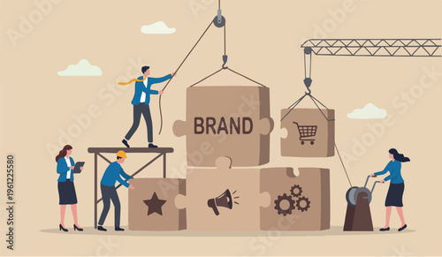 Build branding brand awareness marketing or advertising for company reputation, strategy to promote product or sales strategy concept, business people help building block with the word BRAND