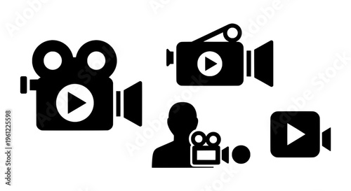 Cameras video recording set with black silhouette icons and play buttons, for video production and filmmaking.