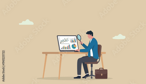 Market research data analysis, analyze business data financial report, SEO analytics profit and earning concept, businessman analyst with magnifying glass analyze data on computer laptop