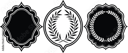 Black decorative label silhouettes with laurel wreaths and scalloped edges white