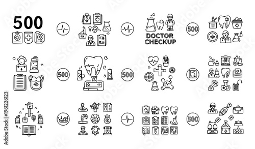 Comprehensive 500 Healthcare Line Icons Collection with Categorized Medical Dentistry Pharmacy and Lab Symbols