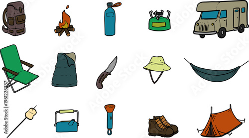 Set of colorful cartoon camping and outdoor adventure gear. Travel equipment icons featuring caravan, tent, backpack, and campfire. Flat vector illustration.