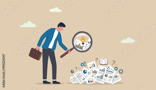 Detect or discover fact, information analysis, curiosity, research search details, exploration finding solution concept, businessman detective looking magnifying glass searching