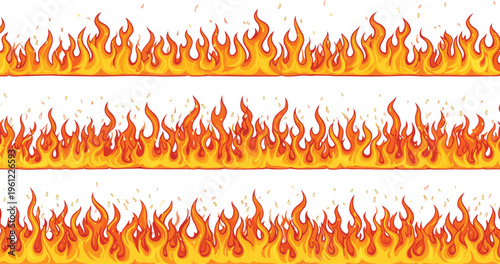 Seamless Fire Flame Borders Vector Set with Realistic Burning Effect, Hot Blaze Elements and Decorative Horizontal Fire Design Collection