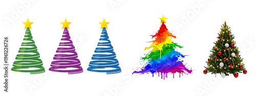 A group of colorful christmas trees with decorations