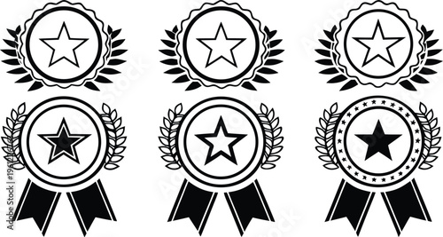 Black star ranking badges with laurel wreaths and ribbons white