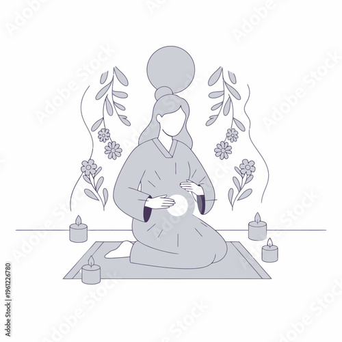 Woman meditating peacefully in traditional attire with gentle focus.