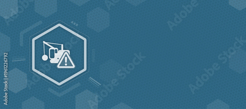 Demolition crane and construction site danger icon with copy space, vector illustration of wrecking ball, urban renewal risk and building destruction sign