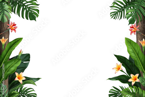 Tropical border frame with exotic monstera and palm leaves