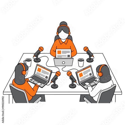 Top view perspective of podcasting team working with laptops and professional microphones