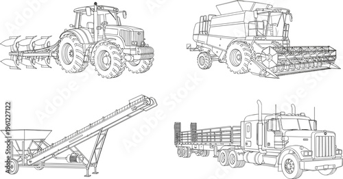 Detailed line drawing set of tractor, combine harvester, conveyor belt system, and semi-truck flatbed trailer showcasing essential farming and logistics machinery illustrations for industry design.