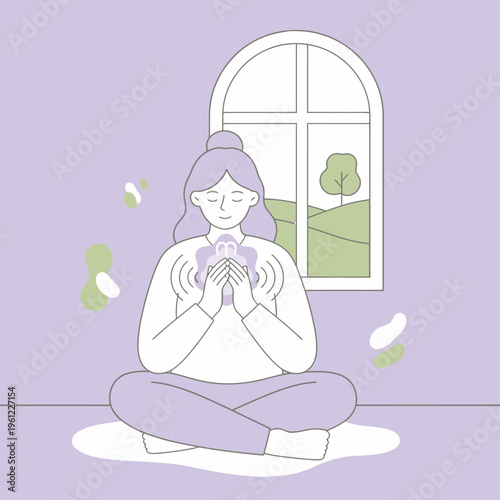 Woman meditating with glowing energy in hands.