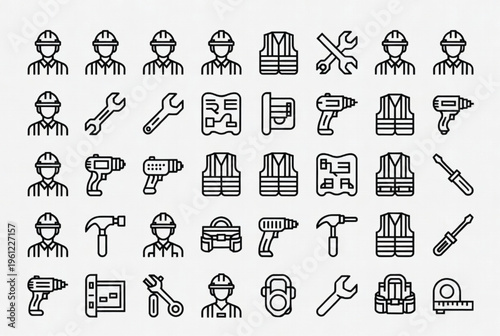 Construction Worker Icons with Tools on White Background
