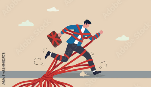 Business difficulty or struggle with career obstacle, limitation trap challenge overcome success concept, businessman tied up with red tape trying to run away with full effort