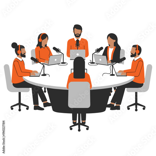 Round table podcast discussion featuring diverse team of professional creators and hosts