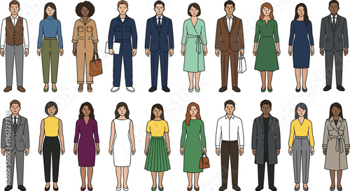 Diverse business people characters set, modern office workers in professional attire, corporate team illustration, workplace diversity concept, stylish workforce lineup