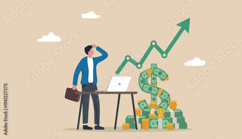 Revenue growth or investment profit increase earning wealth accumulate, growing income in financial analysis concept, businessman working computer too laptop dollar sign money with rising graph