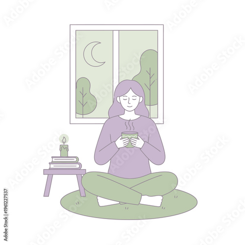 Woman meditating with tablet in serene setting.