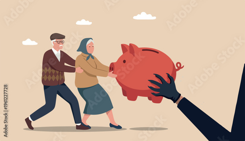 Protect retirement pension money fraud, Ponzi scheme cost tax that impact retiree investment fund concept, senior grandparent couple pull into back their piggy bank money thief hand