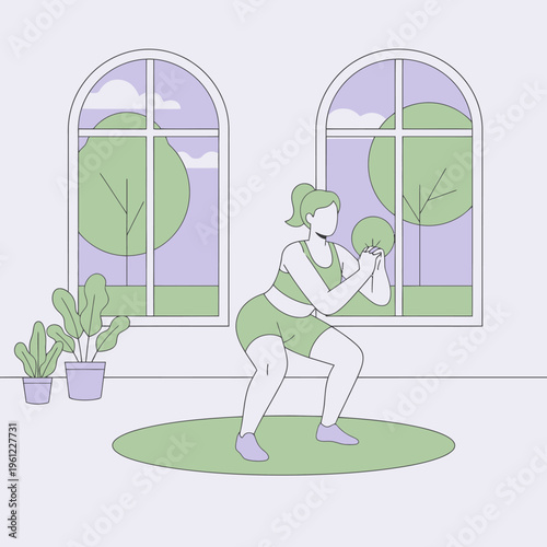 Woman performing a squat exercise with a weight.