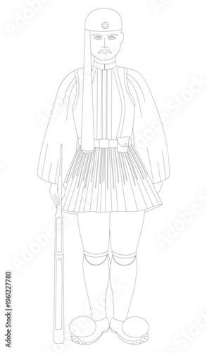 Evzone Greek Presidential Guard. Black and white. Athens. Tsolias. Traditions from different countries. Isolated vector illustration for coloring book.