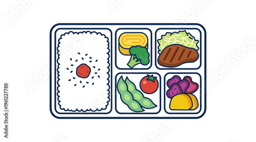 a  flat vector icon of a bento box with perfectly aligned compartments in geometric layout