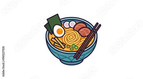A flat vector icon of a ramen bowl with stylized swirling noodles forming a spiral pattern