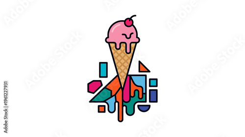 A flat vector icon of a melting ice cream cone dripping into geometric shapes, modern abstract aesthetic
