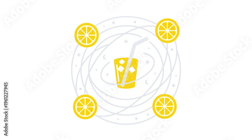 A flat vector icon of a lemonade glass with lemon slices orbiting around it like planets, creative minimal style, clean outline