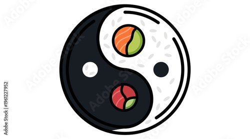 A flat vector icon of a sushi roll arranged in a yin-yang composition