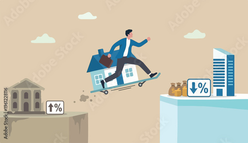  Refinance change mortgage agreement bank, replace debt into obligation better interest rate, housing loan real estate investment concept, businessman house jump new bank