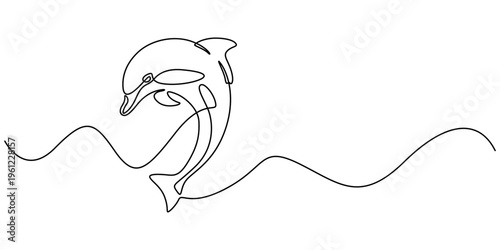 Continuous one line drawing of dolphin fish in the sea. Bottlenose dolphin in single line draw illustration. Editable stroke, Marine animal, World dolphin day concept single line. Editable outline. 
