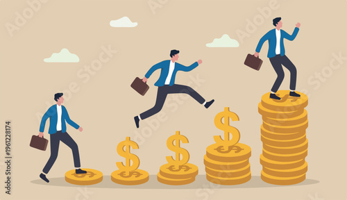 Growth earning investment, income bonus career success to financial business concept, businessman professional manager to walking jumping growth golden dollar signs